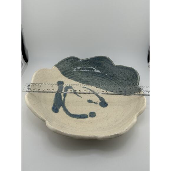 Hand Made Ceramic Dish w/ Scalloped Edge Signed PM Blue Cream Abstract Design - Picture 7 of 7